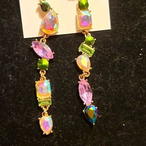Betsey Johnson, long, multi colored, crystals earrings.